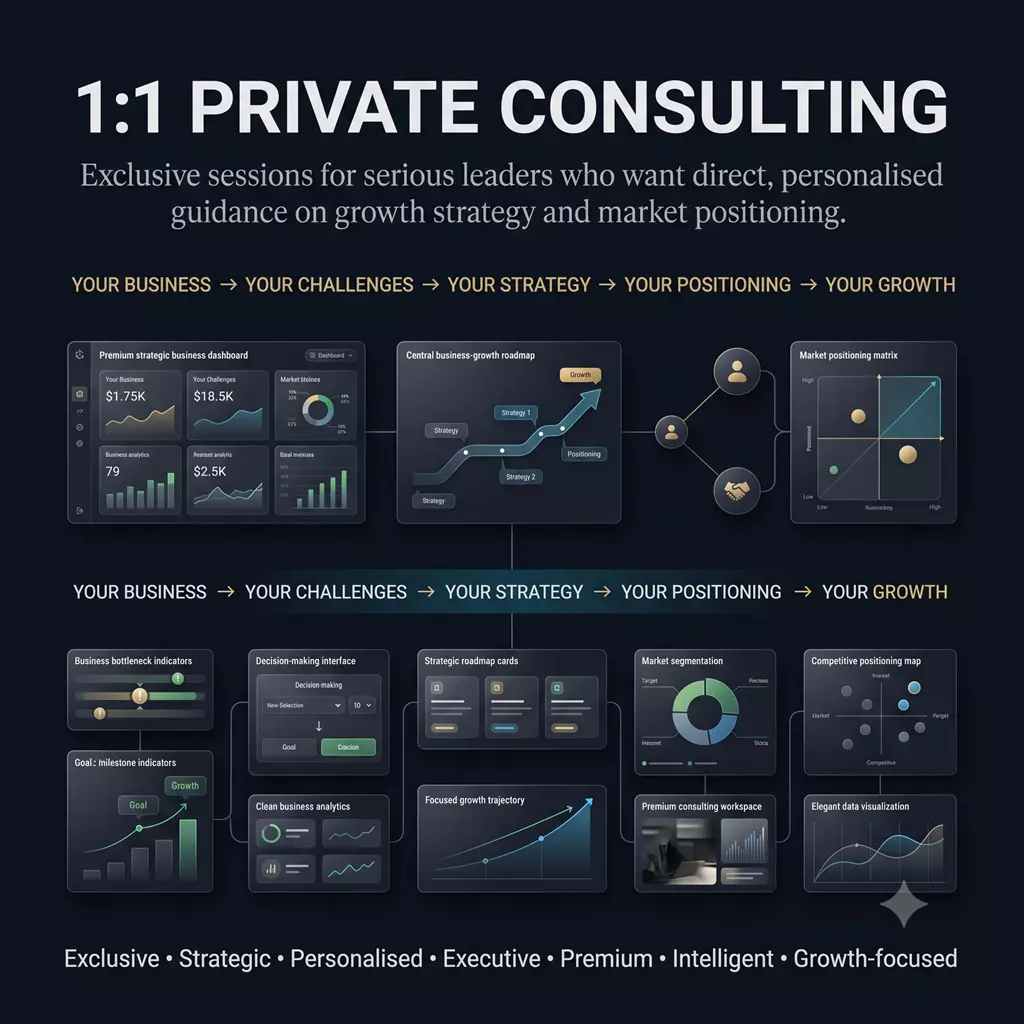 1:1 Private Consulting artwork: business, challenges, strategy, positioning and growth dashboards