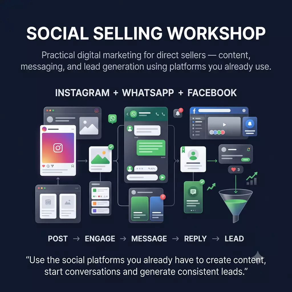 Social Selling Workshop artwork: Instagram, WhatsApp and Facebook leading from post to lead